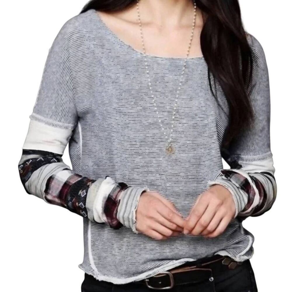 Free People Sweatshirt Women's Small Blue Patchwork Sleeve Boho Slouchy Beach